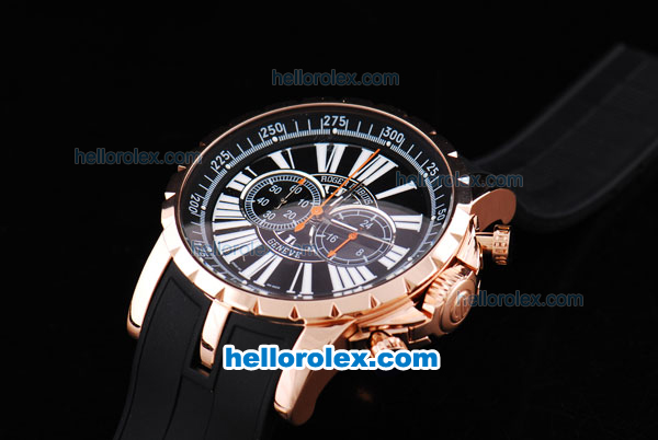 Roger Dubuis Excalibur Chronograph Quartz Movement Rose Gold Case with Black Dial-White Markers and Black Rubber Strap - Click Image to Close